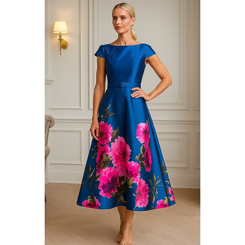 A-Line Cocktail Dresses High Split Dress Formal Wedding Guest Ankle Length Short Sleeve Jewel Neck Pocket Satin with Floral Print Pocket Derby Dresses Wedding Guest Dress