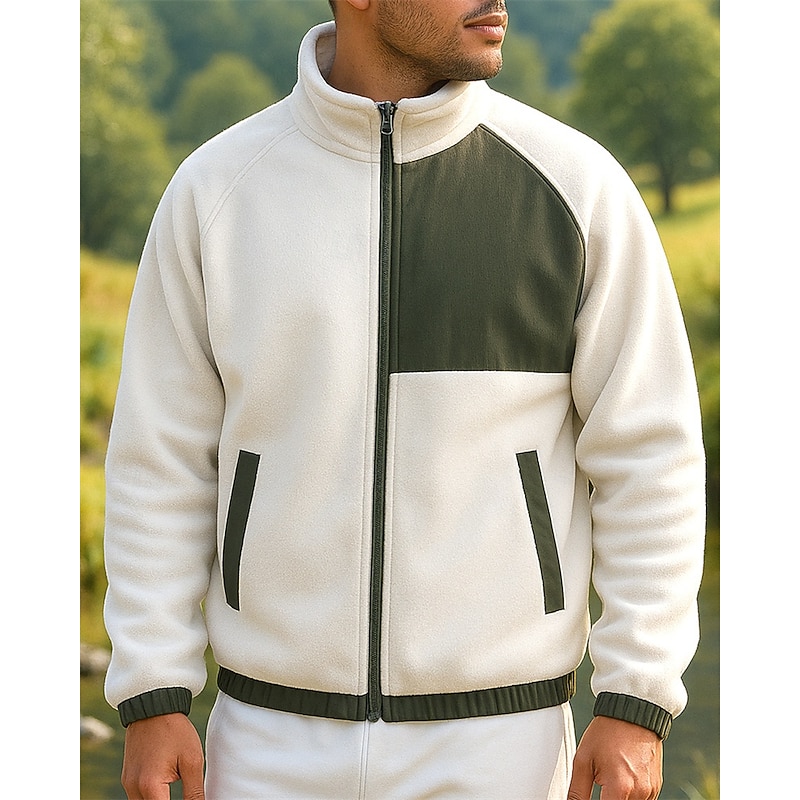 Men's Hiking Jacket Hiking Fleece Jacket Winter Outdoor Patchwork Thermal Windproof Fleece Jackets Hunting Fishing Camping / Hiking / Caving Cream Khaki