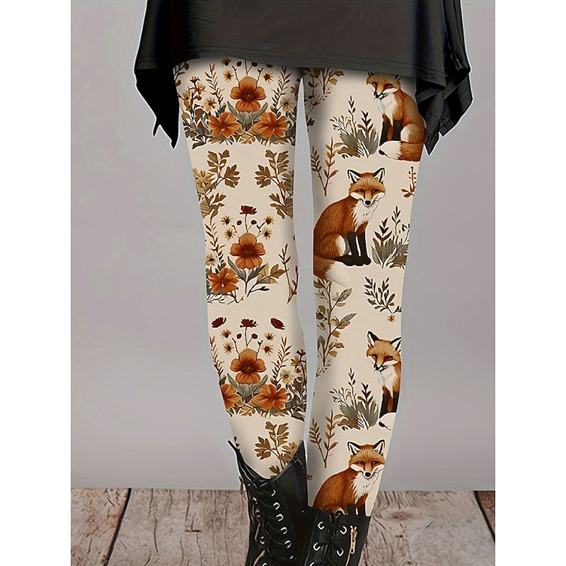 Women's Slacks Leggings Cozy Leggings Vacation Vintage Streetwear Full Length Natural Graphic Leaf Animal Elastic Waist Print Comfy Outdoor Comfortable Stretchy Outdoor Vacation Streetwear Khaki Fall2