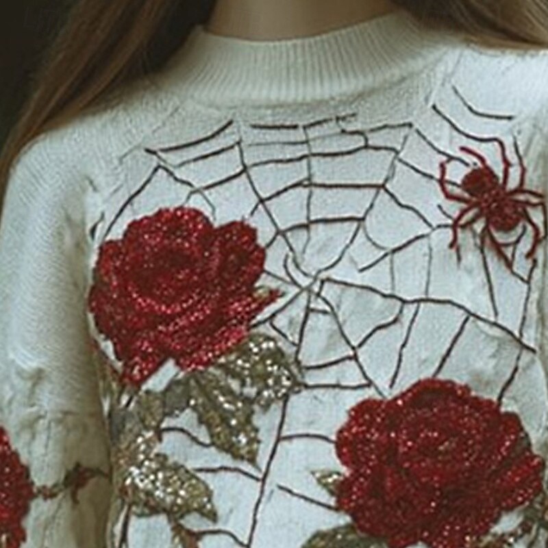 Women's Sweater Pullover Fashion Daily Casual Floral Ribbed Crew Neck Knitted Print Long Sleeve Regular Tops Knit Outdoor Weekend White Fall Winter2