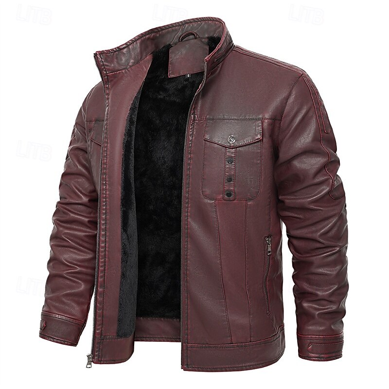 Men's Faux Leather Jacket Fleece Jacket Biker Jacket Motorcycle Jacket Vacation Daily Windproof Warm Pocket Winter Plain Fashion Classic Stand Collar Regular Wine Jacket4