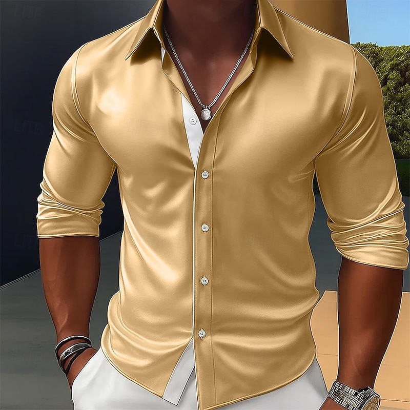 Men's Shirt Satin Shirt Dress Shirt Casual Shirt Button Up Shirt Prom Shirt Plain Formal Wedding Black Red Royal Blue Gold Long Sleeve Lapel All Seasons Clothing Apparel Color Block