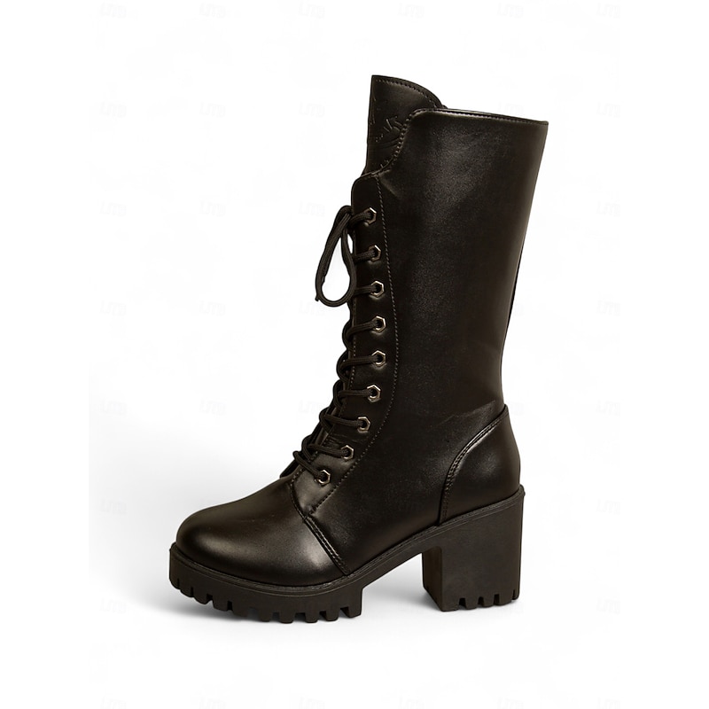 Women's Black Lace-Up Mid-Calf Boots, Chunky Heel Gothic Punk Style Boots for Casual, Night Out and Streetwear2
