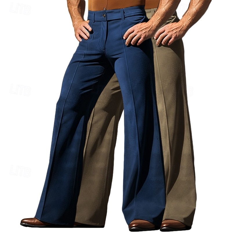 Men's Trousers Dress Pants Bell Bottom Flared Pants Velvet Pants Pocket Plain Comfort Breathable Full Length Outdoor Daily Going out Fashion Ethnic Style beige+khaki Green+Khaki Micro-elastic3