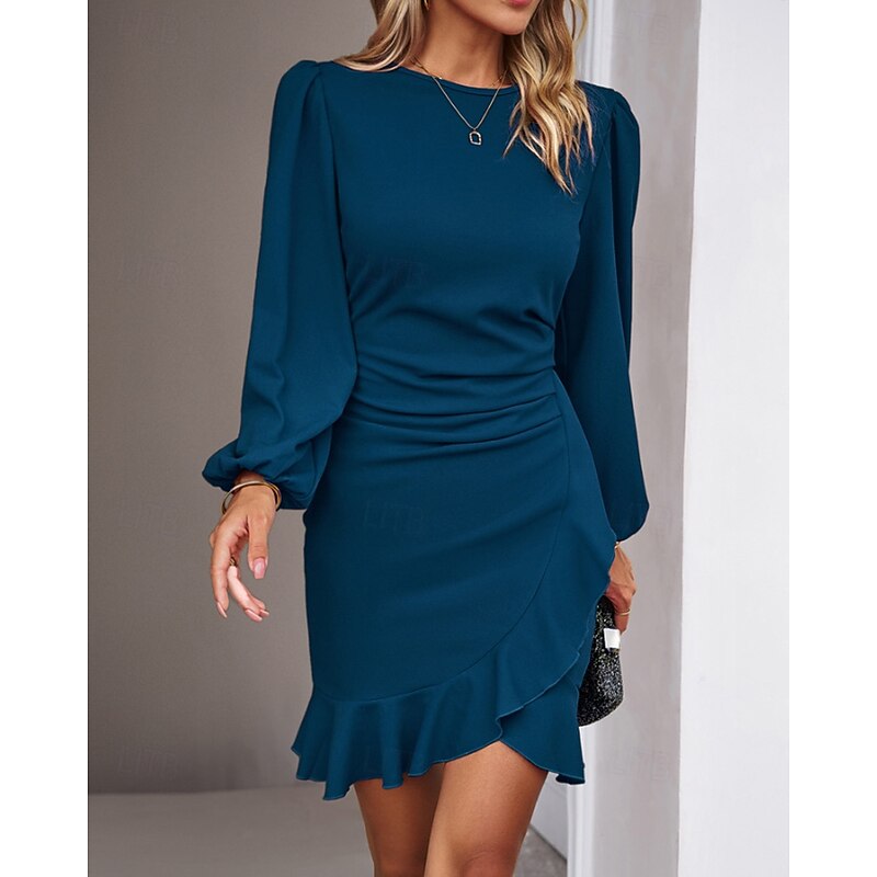 Women's Mini Dress Party Dress Satin Dress Sheath Dress Elegant Modern Puff Sleeve Party Evening Party Cocktail Party Regular Fit Plain Long Sleeve Crew Neck Black Wine Navy Blue Dark Green Fall3