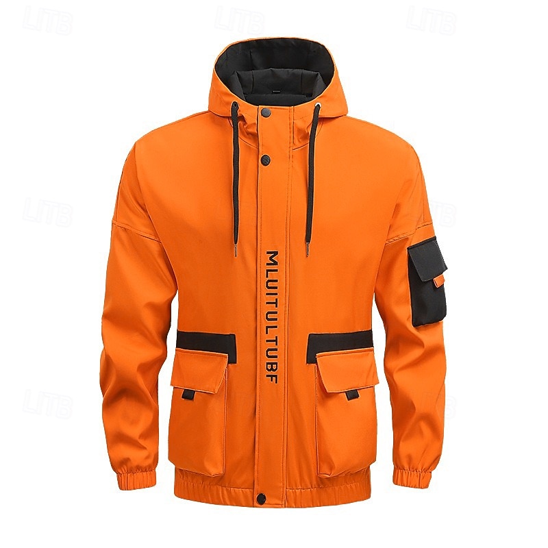 Men's Sport Coat Raincoat Windcheater Jacket Outdoor Casual Waterproof Windbreaker Zipper Pocket Spring Fall Solid Color Fashion Streetwear Hooded Regular Black Orange Light Grey Jacket