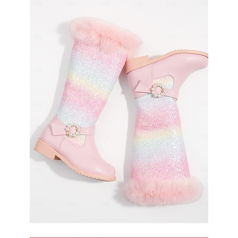 Girl's Rainbow Glitter Knee High Boots with Faux Fur Trim and Pearl Buckle -Sparkly Winter Shoes for Kids Party and Holiday Outfits4