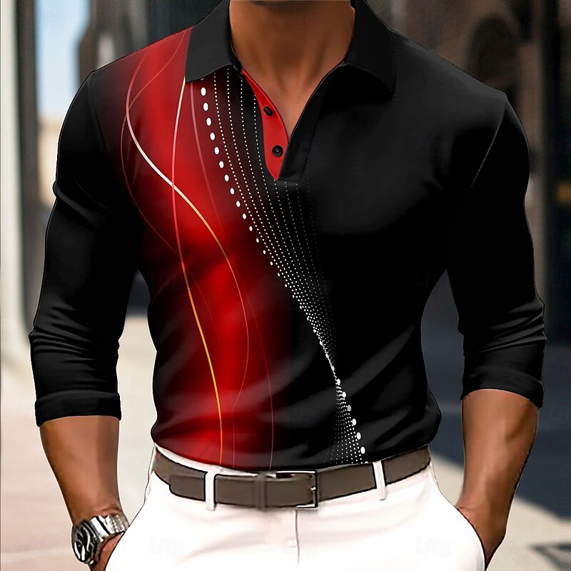 Men's Geometic Line Polo Long Sleeve Polo Shirts Collared Shirts Business Casual Business Athleisure Daily Wear 3D Print Buttons Spring Fall Winter Lake blue Red Blue