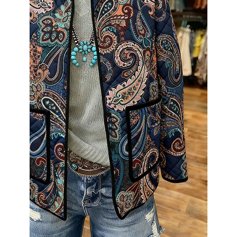 Women's Winter Jacket Quilted Jacket Warm Lightweight Buttons Print Active Vintage Artistic Casual Floral Casual Regular Stand Collar Regular Fit Long Sleeve Outerwear Navy Blue Fall Winter3