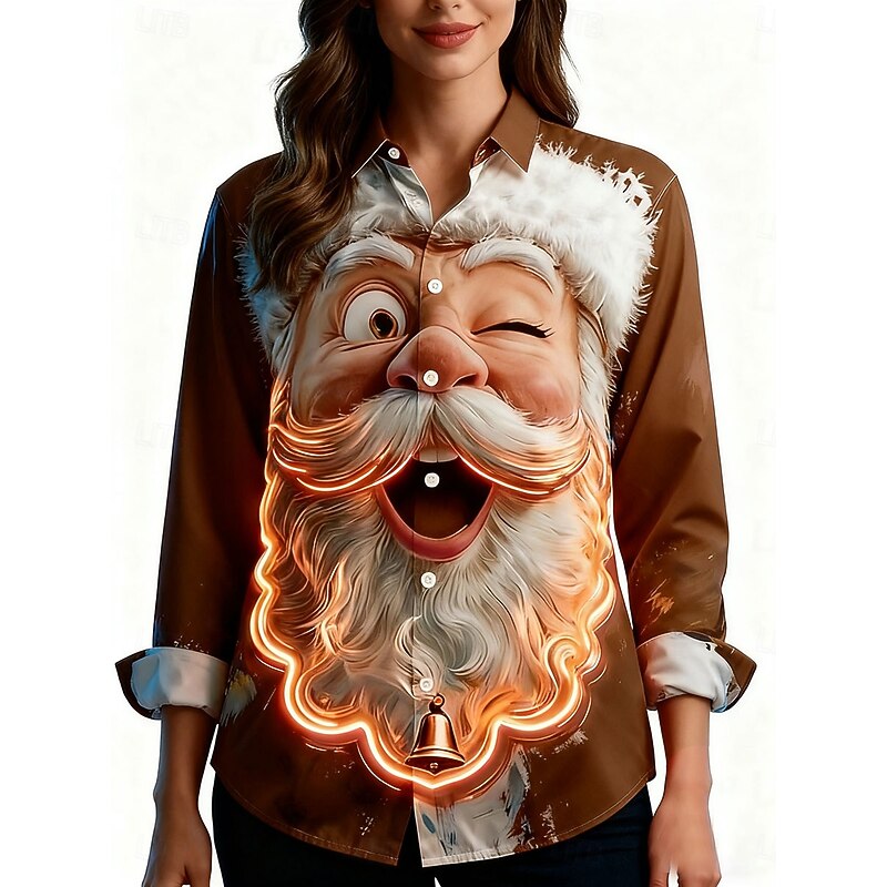 Christmas Women's Shirt Graphic Santa Claus Elegant Vintage Stylish Long Sleeve Shirt Collar Regular Tops Work Daily Holiday Black Pink Red Brown Fall Winter3