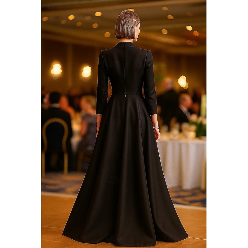 Tuxedo Dress A-Line Formal Wedding Guest Stretch Satin Elegant Celebrity Style 3/4 Sleeve Pleated Floor Length Notched Lapel Double Breasted3