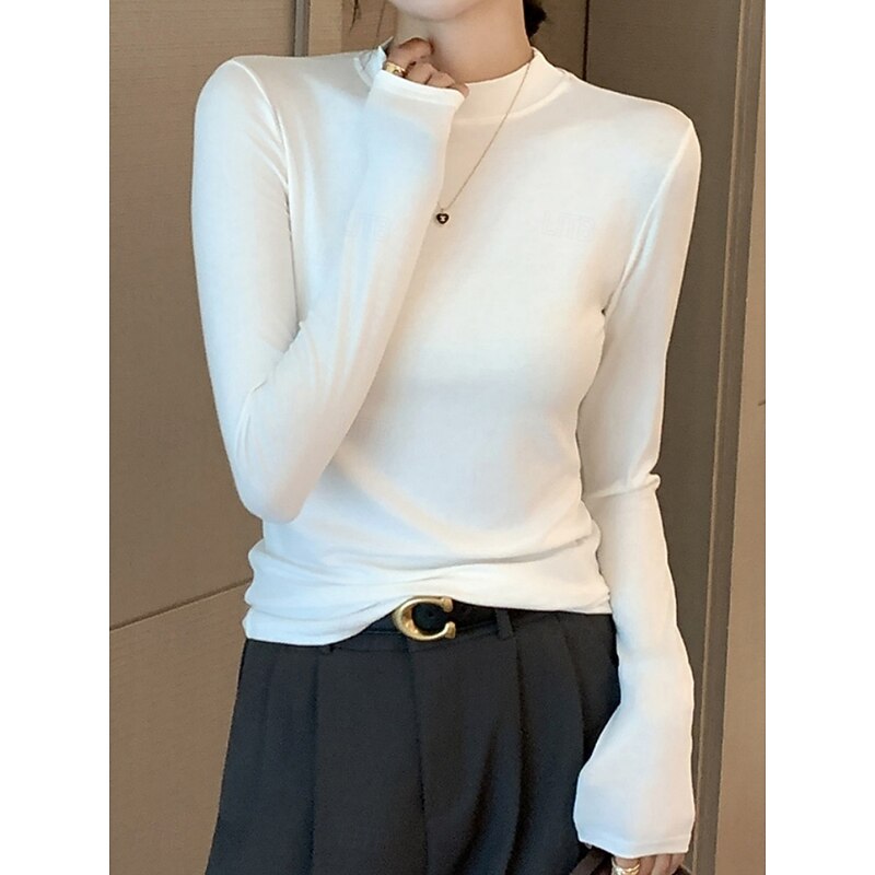 Women's Blouse Solid Color Stylish Casual Long Sleeve Mock Neck Regular Tops Daily Black White Army Green Brown Khaki Spring Fall