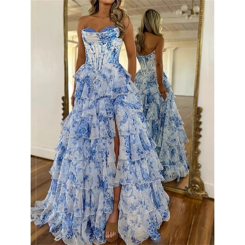 A-Line Quinceanera Dresses Corset Tiered Dress Wedding Wedding Guest Floor Length Sleeveless Strapless Chiffon Backless with Floral Print Wedding Guest Dress2