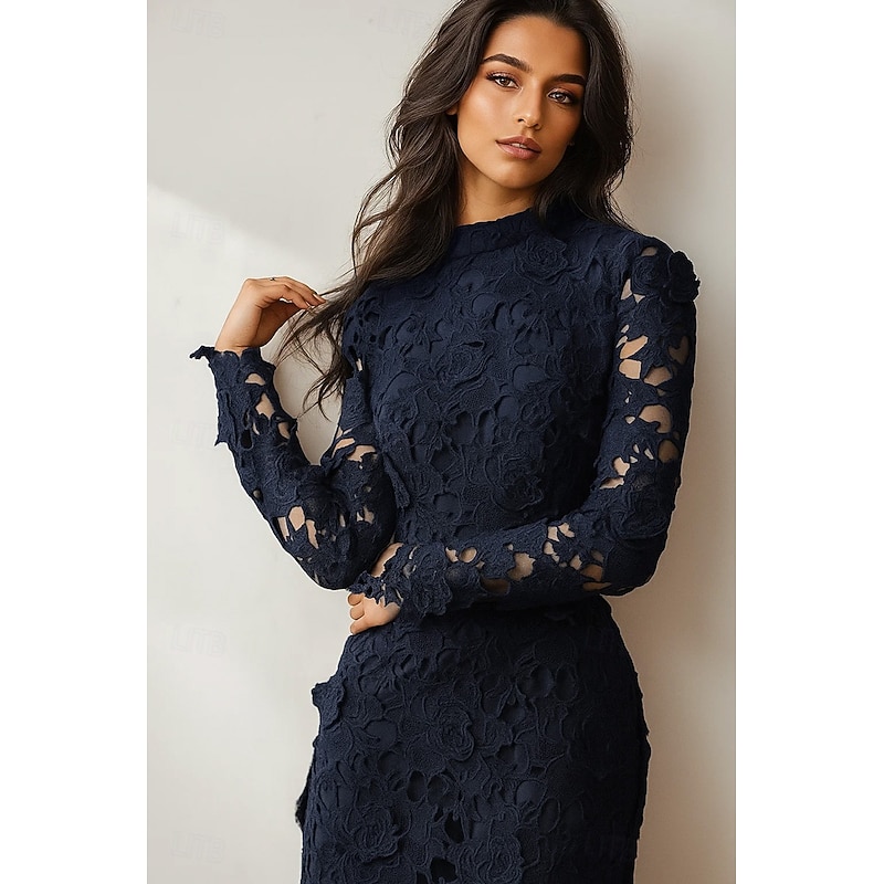 Burgundy Floral Embroidered Lace Sheath / Column Evening Gown Elegant Formal Dress Formal Wedding Ankle Length Long Sleeve High Neck Lace with Appliques 20254