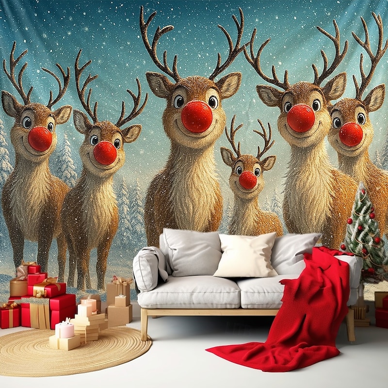 Christmas Wall Tapestry Backdrop, Adorable Reindeer Group with Red Noses in Snow Scene, 2025 Xmas Winter Holiday Wall Hanging for Bedroom Living Room Party2
