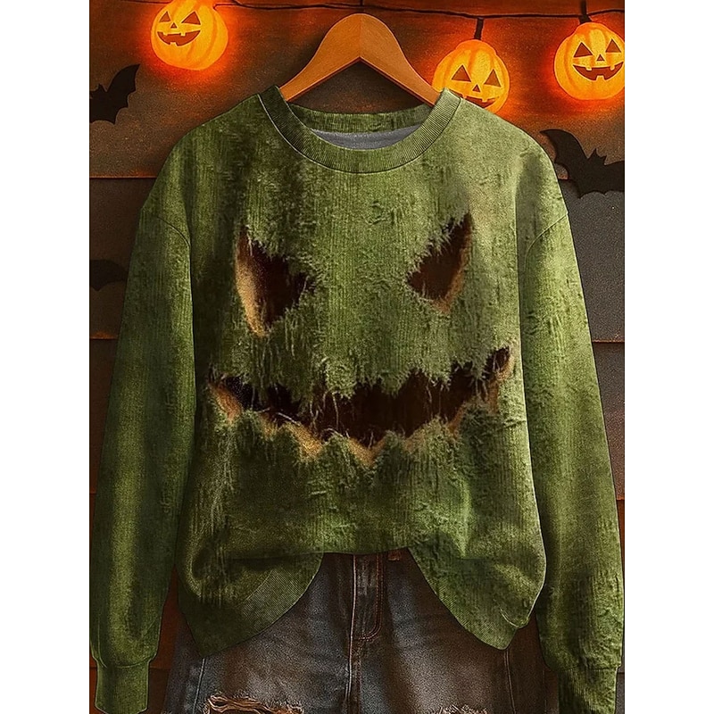 Halloween Women's Pullover Monster Graphic Casual Long Sleeve Crew Neck Regular Tops Street Dailywear Casual Print Purple Green Khaki Gray Fall Winter