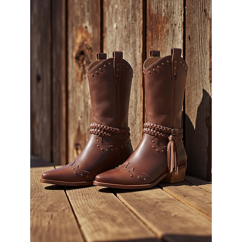 Women's Western Cowboy Boots with Braided Strap and Stud Detail, Stylish Footwear for Casual Outings and Western Themed Events2