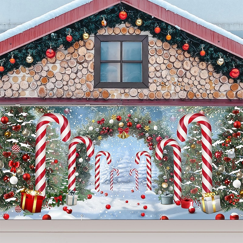 Christmas Tapestry Garage Door Cover Large Hanging Backdrop Gift Candy Cane Cute 3D Party Outdoor Holiday Shooting Backgrounds Yard Home Decor2