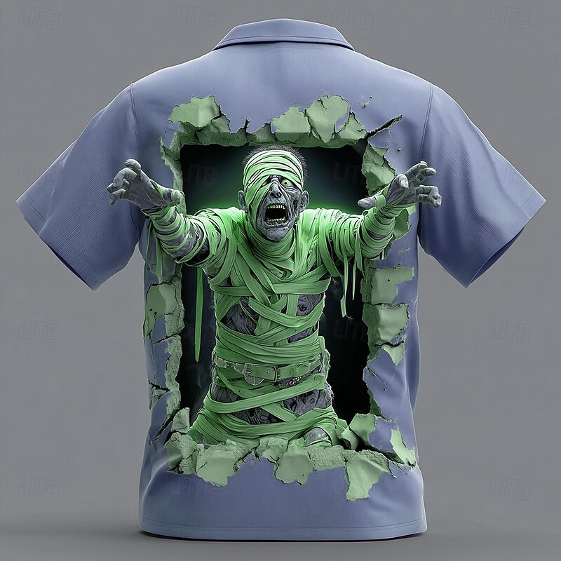 Halloween Men's Zombies Mummy Cracked Wall Shirt Button Up Shirt Short Sleeve Dark Gothic Style Holiday Streetwear Summer Spring Turndown 3D Print Collared Shirts Purple Green Khaki Gray4