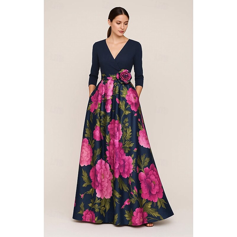 A-Line Mother of the Bride Floral Print Evening Gown Elegant Formal Dress Formal Wedding Floor Length Stretch Crepe Top 3/4 Length Sleeve V Neck Pocket Satin with Flower