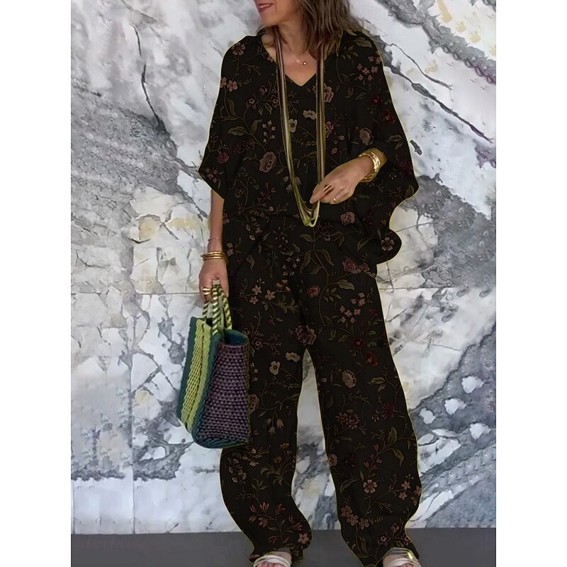 Women's Vacation Fashion Pants Sets 3/4 Length Sleeve V Neck Floral Print Vacation Daily Holiday Black Summer Regular Fit