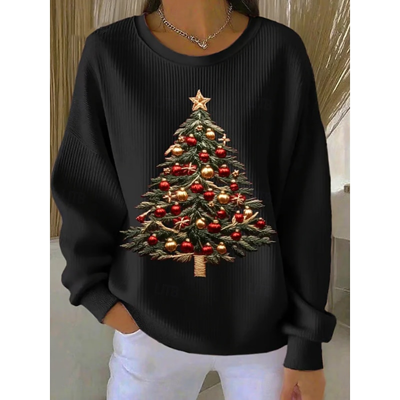 Women's Pullover Sweatshirt Christmas Tree Christmas Casual Long Sleeve Crew Neck Regular Tops Street Dailywear Casual Black Red Green Fall Winter3