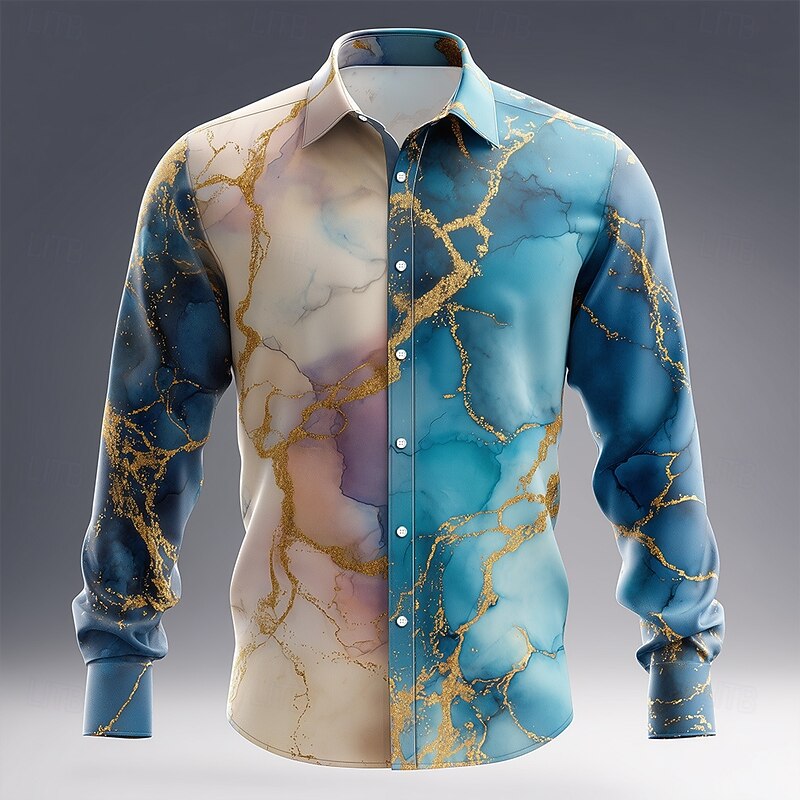 Men's Marble Abstract Liquid Art Shirt Button Up Shirt Long Sleeve Fashion Casual Outdoor Dailywear Spring Fall Turndown 3D Print Linen Like Shirt Blue+Khaki Blue Light Blue2