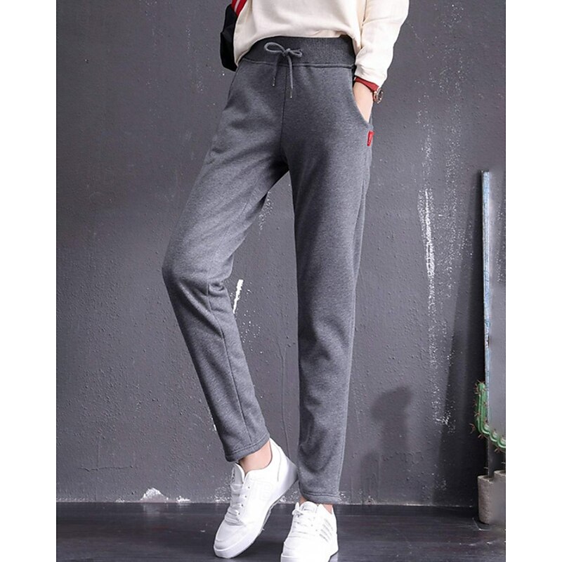 Women's Straight Casual Full Length Mid Waist Plain Elastic Waist Thermal Warm Stretchy Vacation Street Causal Grey Black Winter Loose Fit2