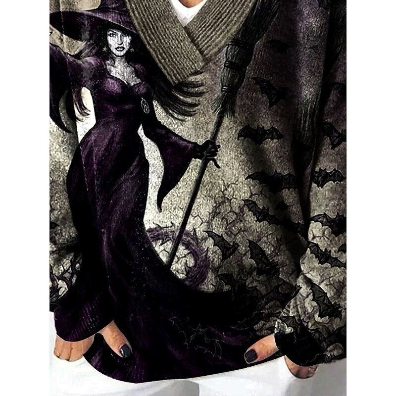 Halloween Women's Cardigan Daily Casual Witch Graphic Skeleton Ribbed V Neck Buttons Print Long Sleeve Regular Tops Knit Outdoor Weekend Black Fall Winter3