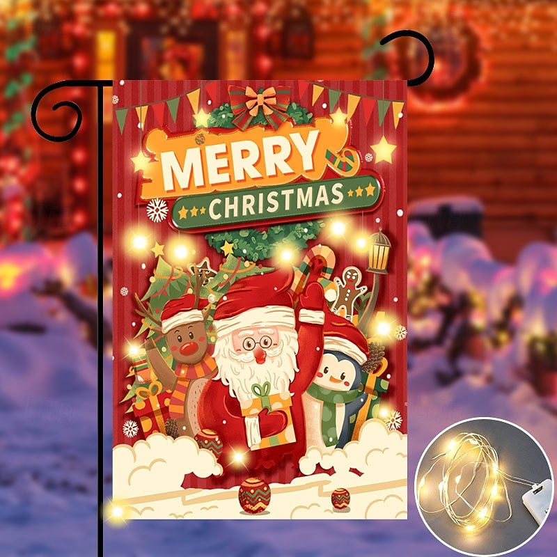 Light-Up Santa Claus Garden Flag, Outdoor Holiday Yard Decoration Banner, Festive Christmas Lawn Flag with LED Lights