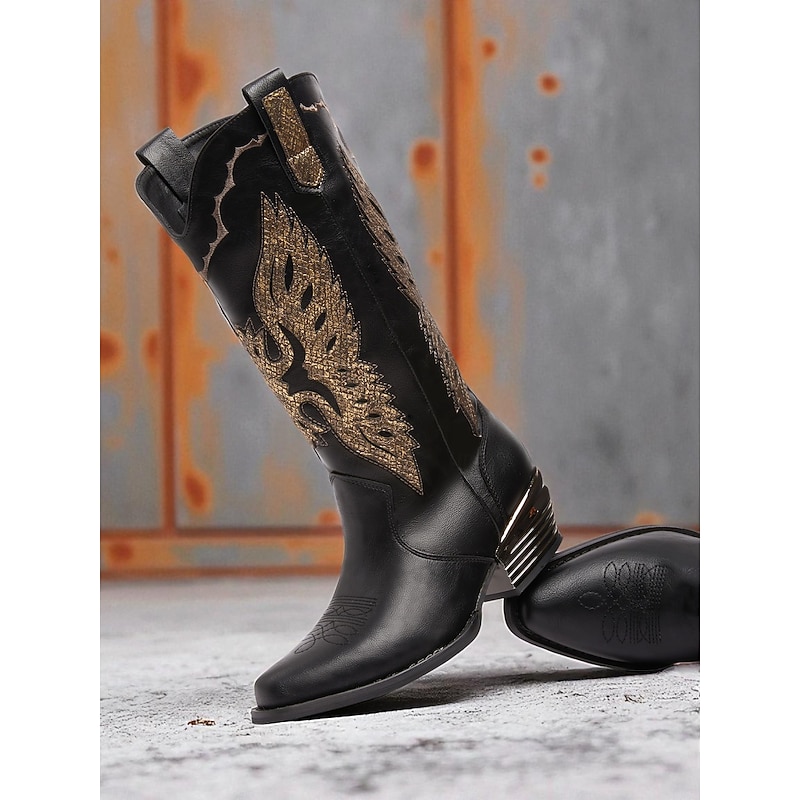 Women's Black / Gold Faux Leather Cowboy Boots with Gold Eagle Embroidery – Western Style Mid Calf Riding Boots for Country Concerts and Festivals3