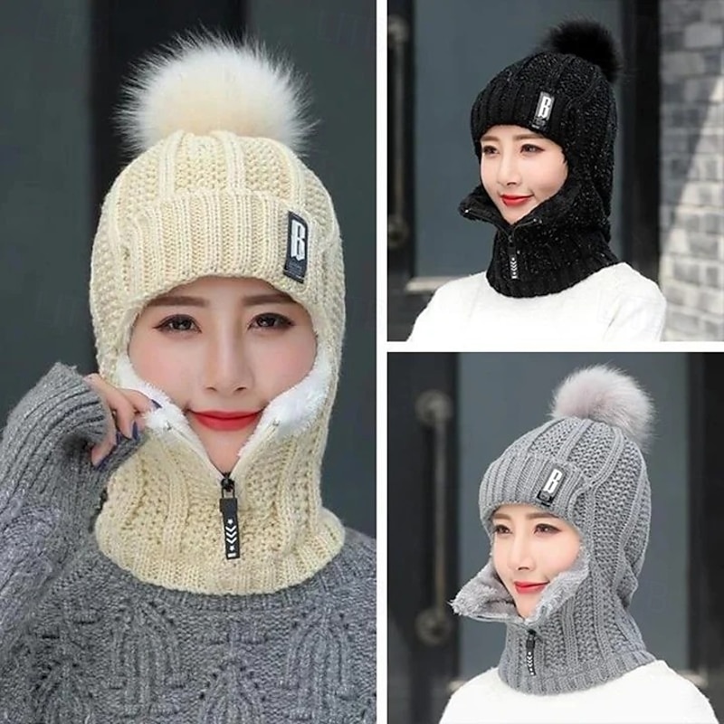Winter Siamese Windproof Hat Women Warm Knit Beanie Scarf Set Fleece Lined Thickened Full Cover Hat Neck Warmer Outdoor Cycling Cold Weather Protective Cap