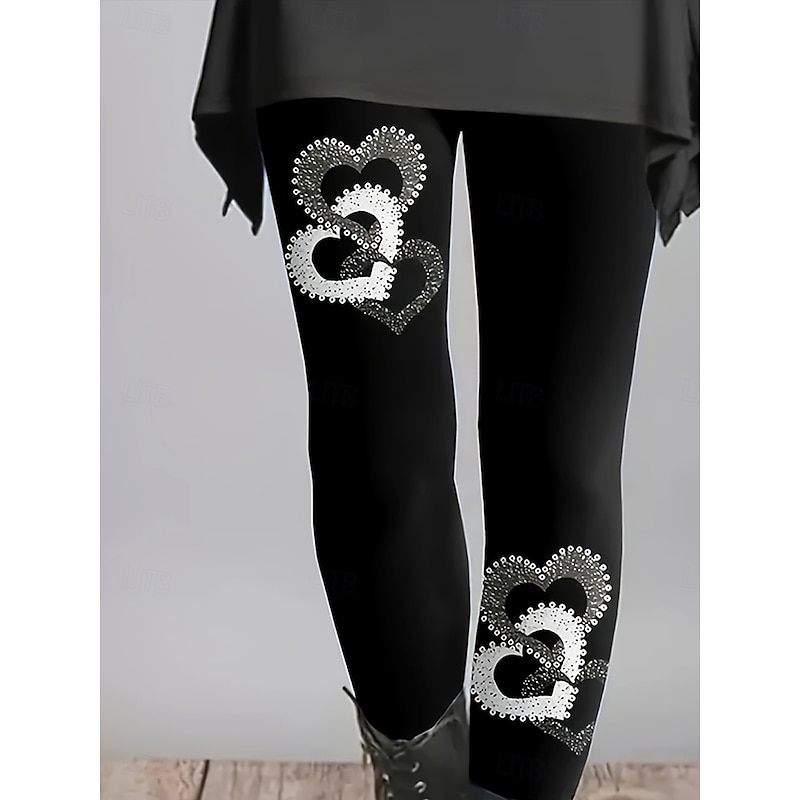 Women's Slacks Leggings Cozy Leggings Vacation Vintage Streetwear Full Length Natural Heart Graphic Elastic Waist Print Comfy Outdoor Comfortable High Elasticity Outdoor Vacation Streetwear Black Fall2