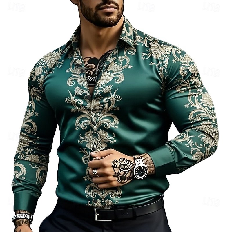 Men's Ethnic Intricate Floral Flowers Shirt Satin Shirt Dress Shirt Long Sleeve Vintage Retro Vacation Dailywear Summer Spring Fall Turndown 3D Print Button Up Shirts Blue Gold Green2