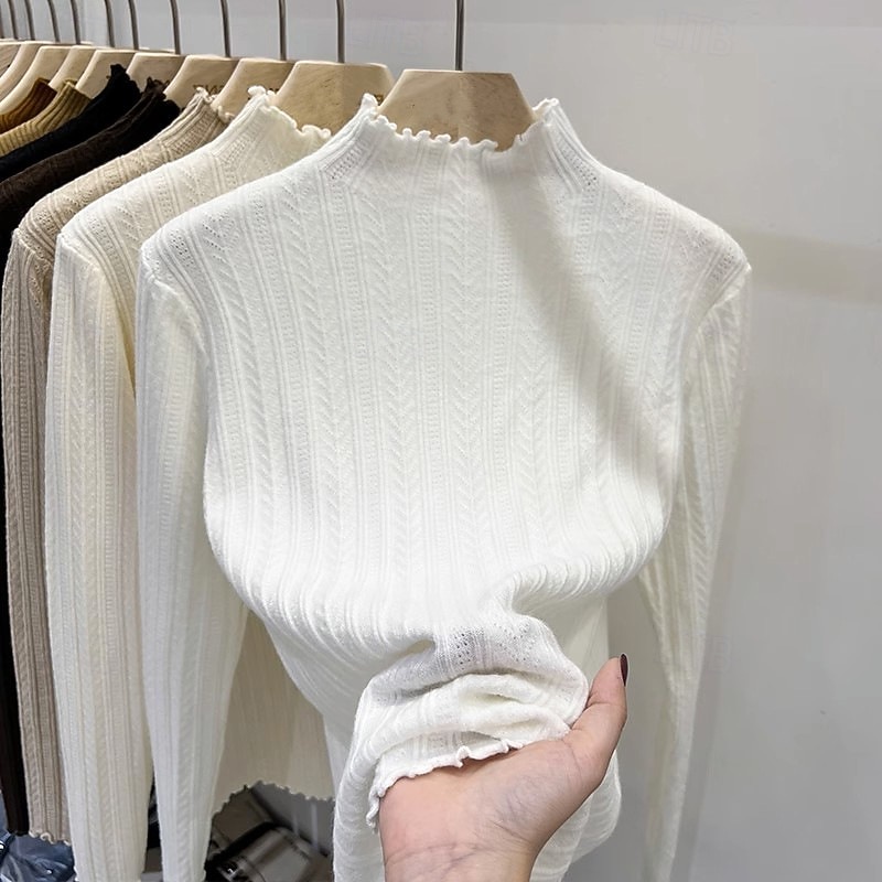 Women's Sweater Pullover Streetwear Casual Solid Color Stand Collar Knitted Long Sleeve Regular Tops Knit Daily Holiday Weekend Black White Fall Winter