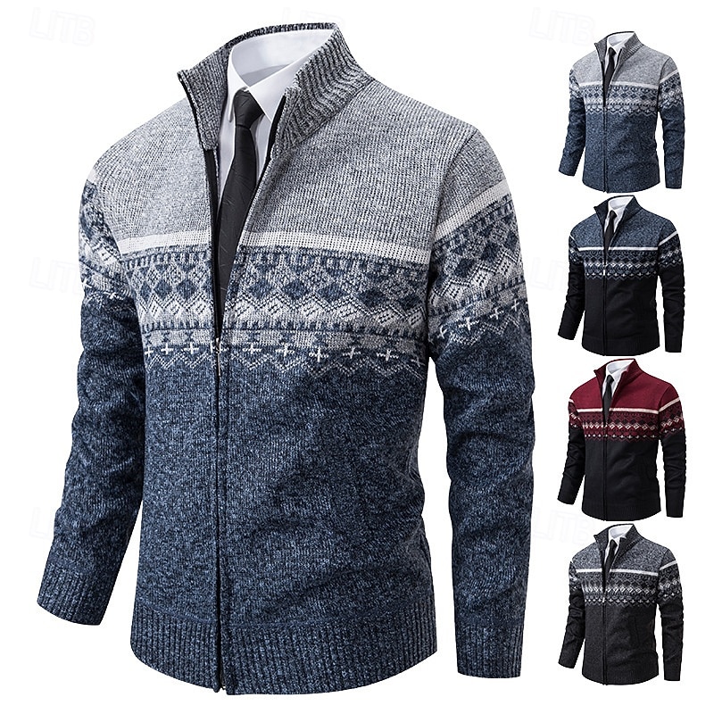 Christmas Men's Diamond Pattern Fair Isle Sweater Zip Sweater Knitwear Stand Collar Casual Vacation Home Daily Zip Up Long Sleeve Fall Winter Wine Blue Light Grey