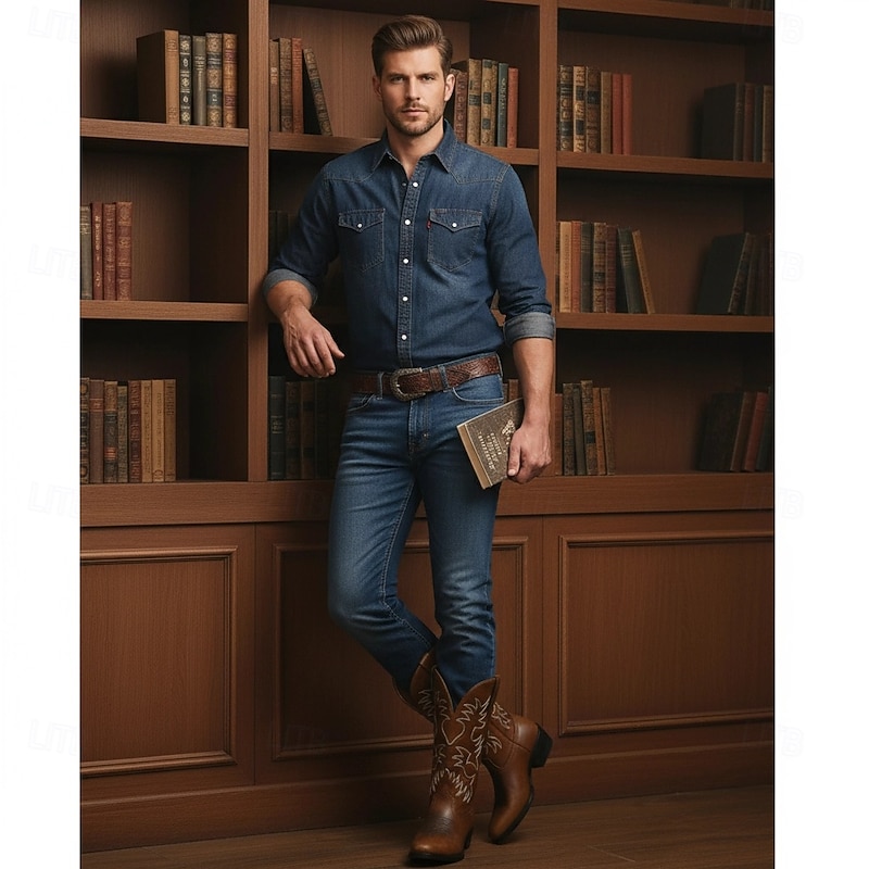 Men's Vintage Brown and Black Faux Leather Western Cowboy Boots with Intricate Embroidery - Durable and Stylish for Rodeo and Everyday Wear4