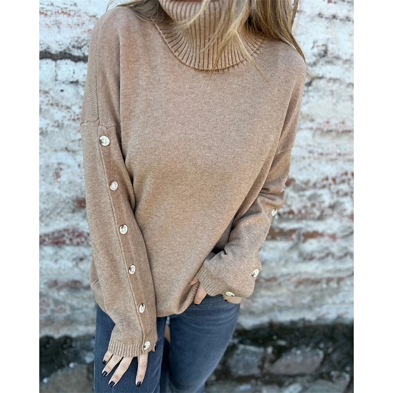 Women's Sweater Fashion Streetwear Casual Pure Color Ribbed Turtleneck Buttons Knitted Long Sleeve Regular Tops Knit Outdoor Daily Weekend Khaki Fall Winter