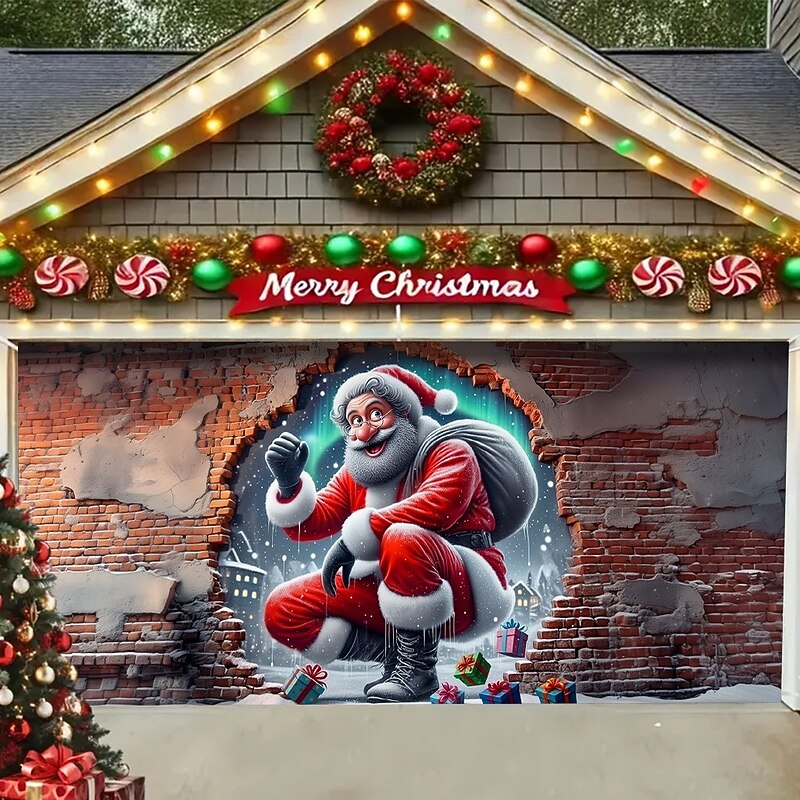 Christmas Garage Door Cover Winter Holiday Decoration Drapes with Santa Claus Delivering Gifts Print for Home Entryway Living Room Bedroom Indoor Outdoor Festive Seasonal Home Decor