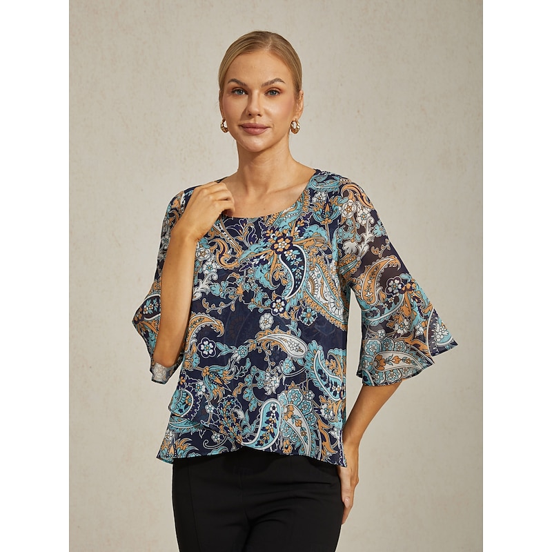 Women's Female Paisley Casual Blue Paisley 3/4 Sleeve Elegant Casual Daily Crew Neck Round Summer Spring Fall