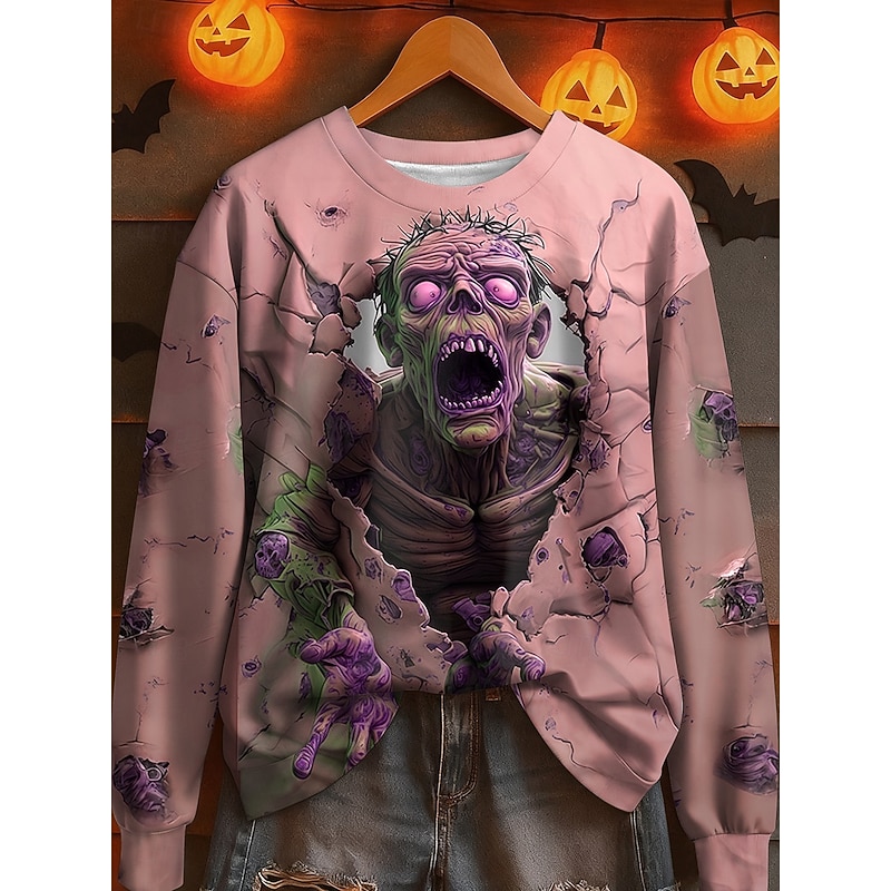 Halloween Women's Pullover Sweatshirt Graphic Skull Fashion Casual Long Sleeve Crew Neck Regular Tops Street Dailywear Casual Print Pink Blue Purple Green Fall Winter4
