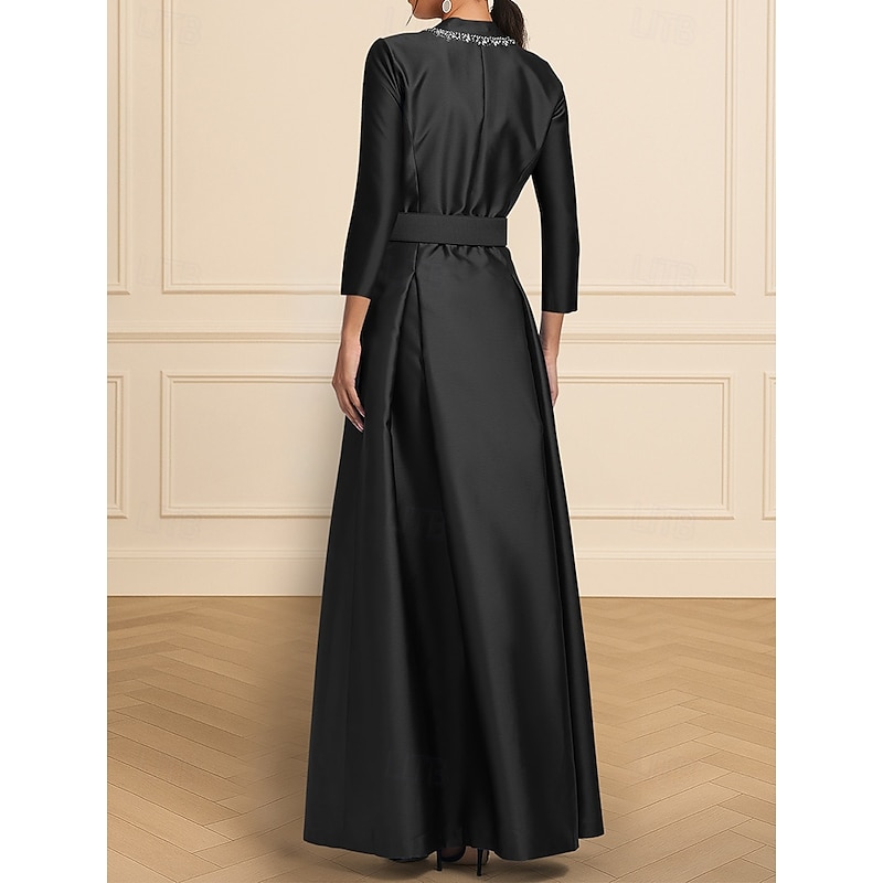 Black A-Line Evening Gown Elegant Formal Dress Formal Wedding Floor Length 3/4 Length Sleeve V Neck Stretch Satin with Crystals 20253