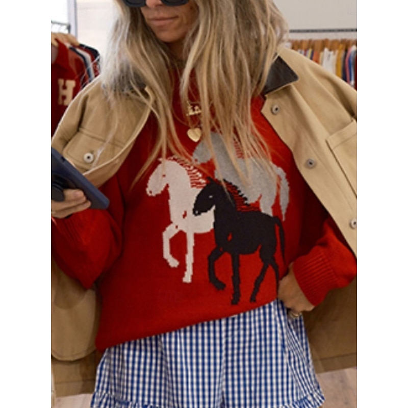 Women's Sweater Casual Soft Animal Ribbed Crew Neck Knitted Long Sleeve Regular Tops Knit Outdoor Daily Weekend Red Fall Winter2