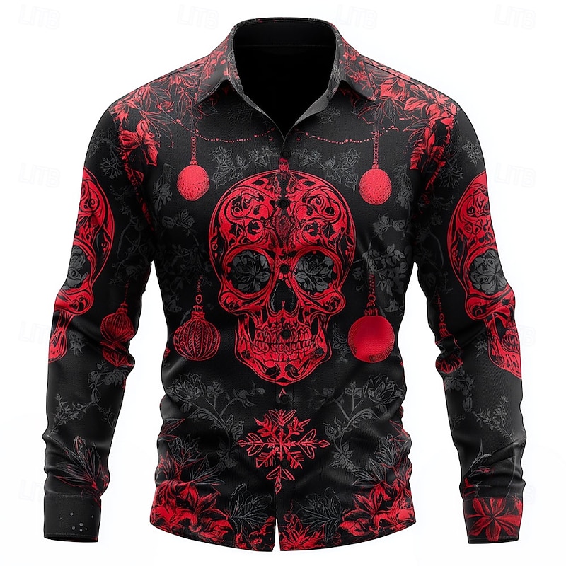 Halloween Men's Skull Snowflake Christmas Light Shirt Button Up Shirt Long Sleeve Dark Punk Gothic Style Outdoor Holiday Summer Spring Turndown 3D Print Collared Shirts Red Purple Orange Green2