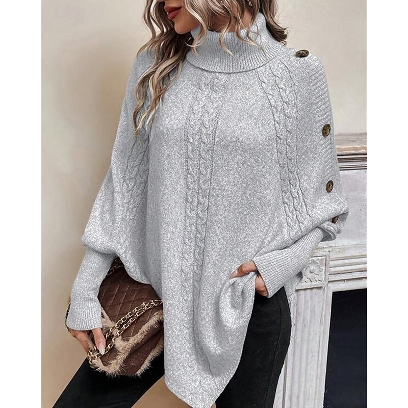 Women's Sweater Pullover Fashion Casual Pure Color Ribbed Turtleneck Buttons Knitted Asymmetric Hem Long Sleeve Regular Tops Knit Outdoor Daily Weekend Black Khaki Fall Winter3