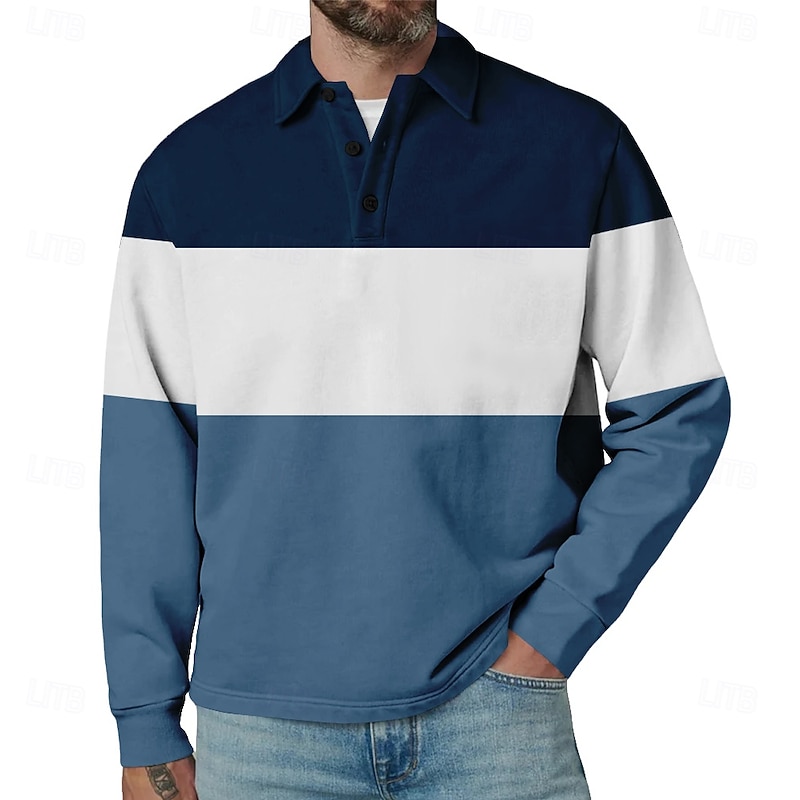 Men's Horizontal Stripes Rugby Polo Long Sleeve Polo Shirts Collared Shirts Sportswear Casual School Outdoor Athleisure 3D Print Spring Fall Winter Blue Brown Gray2