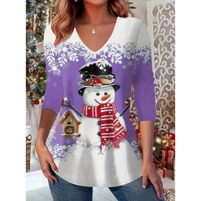 Christmas Women's T Shirt Graphic Snowman Letter Vintage Stylish Classic Long Sleeve V Neck Regular Tops Daily Print Red Blue Purple Green Spring Fall Winter4