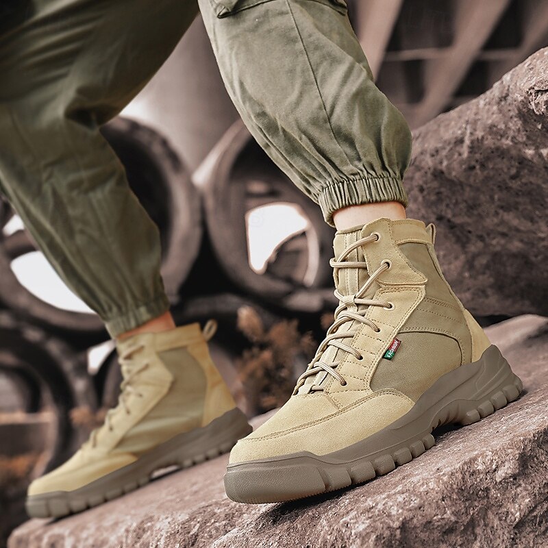Men's Beige High Top Hiking Boots with Lace-Up Design, Non-Slip Sole, Outdoor Casual Trekking Shoes for Camping and Travel3