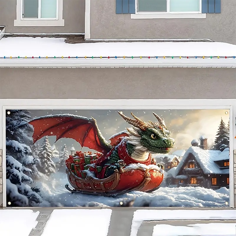 Christmas Tapestry Garage Door Cover Large Hanging Backdrop Dragon Cute 3D Fantasy Party Outdoor Holiday Shooting Backgrounds Yard Home Decor3