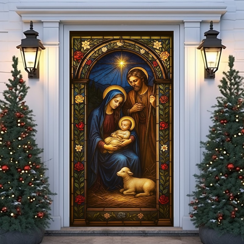 Christmas Door Cover, Stained Glass Virgin Mary and Baby Jesus Holiday Door Curtain, Religious 2025 Xmas Door Hanging for Church Home Party Decor